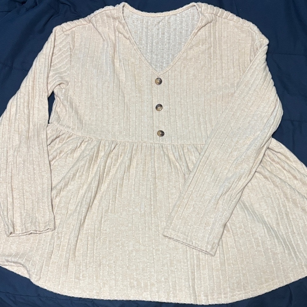SHEIN Cream Button Down V-Neck Top